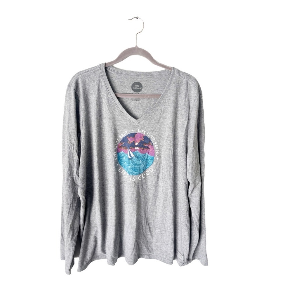 Life Is Good Crusher Tee Gray Sailboat Graphic Long Sleeve Top Size XXL